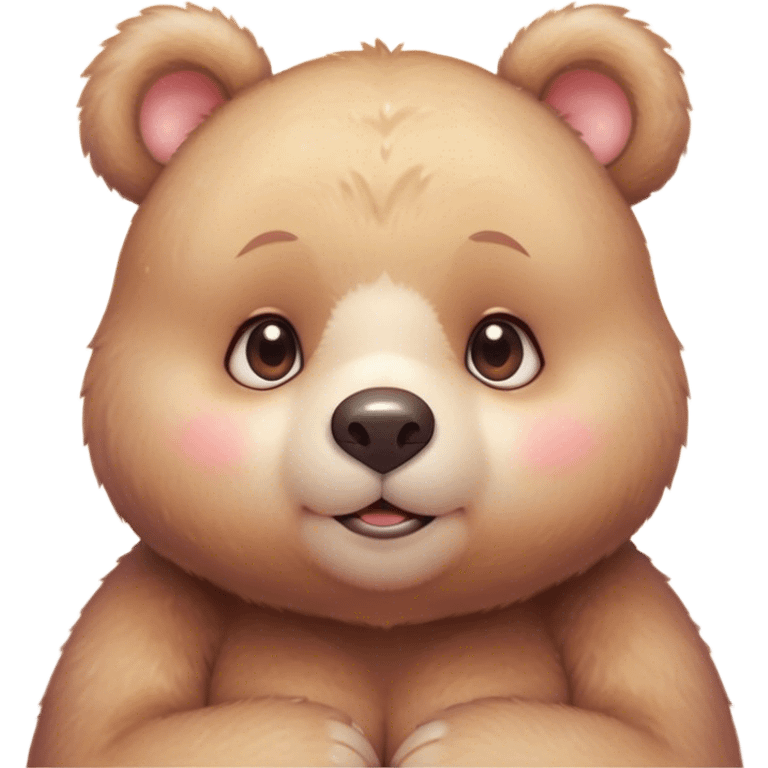 Cinematic cute soft bear, chubby round face, tiny ears, warm fuzzy fur, blushing cheeks, sparkling kind eyes, soft glowing background, heartwarming and huggable. emoji