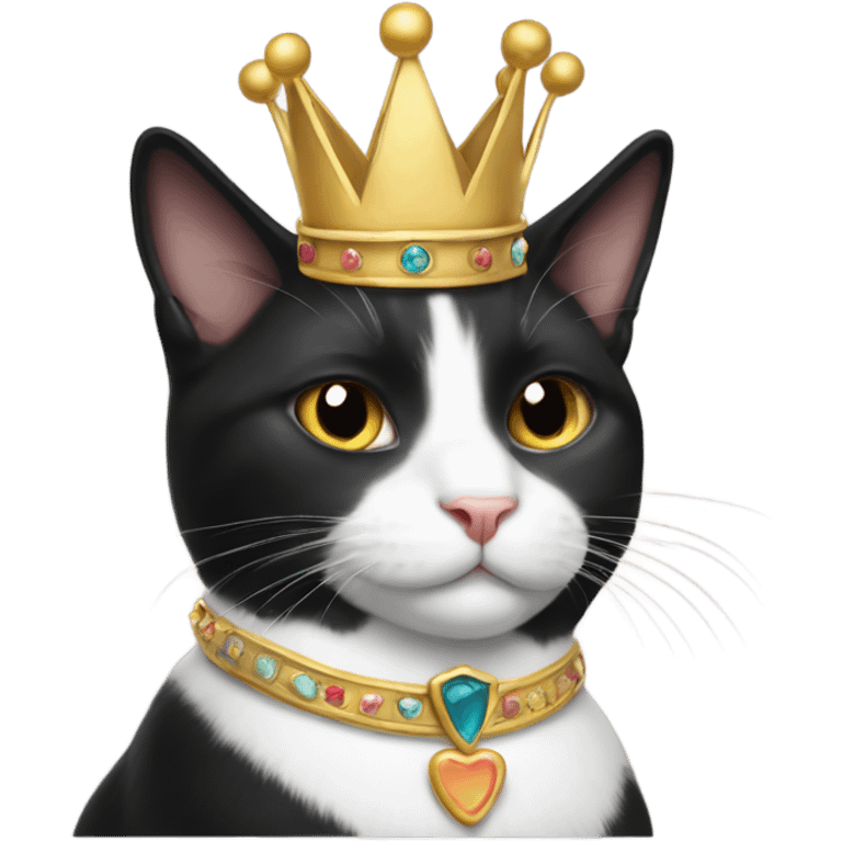 Tuxedo cat sitting and wearing a crown emoji