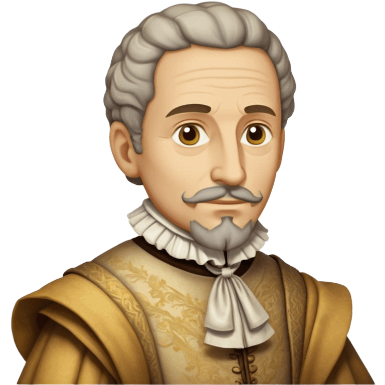 Cinematic Realistic Miguel de Cervantes Portrait Emoji, depicted as a wise thoughtful literary figure in period attire with a reflective gaze, rendered with detailed textures and soft historical lighting that captures his enduring literary legacy. emoji