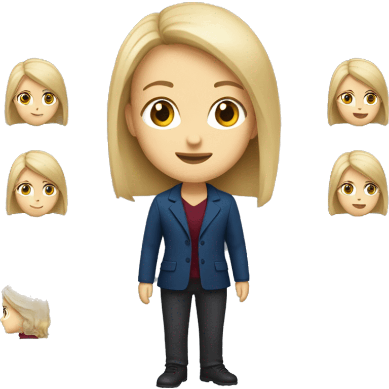 portrait of an adult girl, blue eyes, straight long bob blond hair, dark blue jacket suit, burgundy red shirt collar under emoji