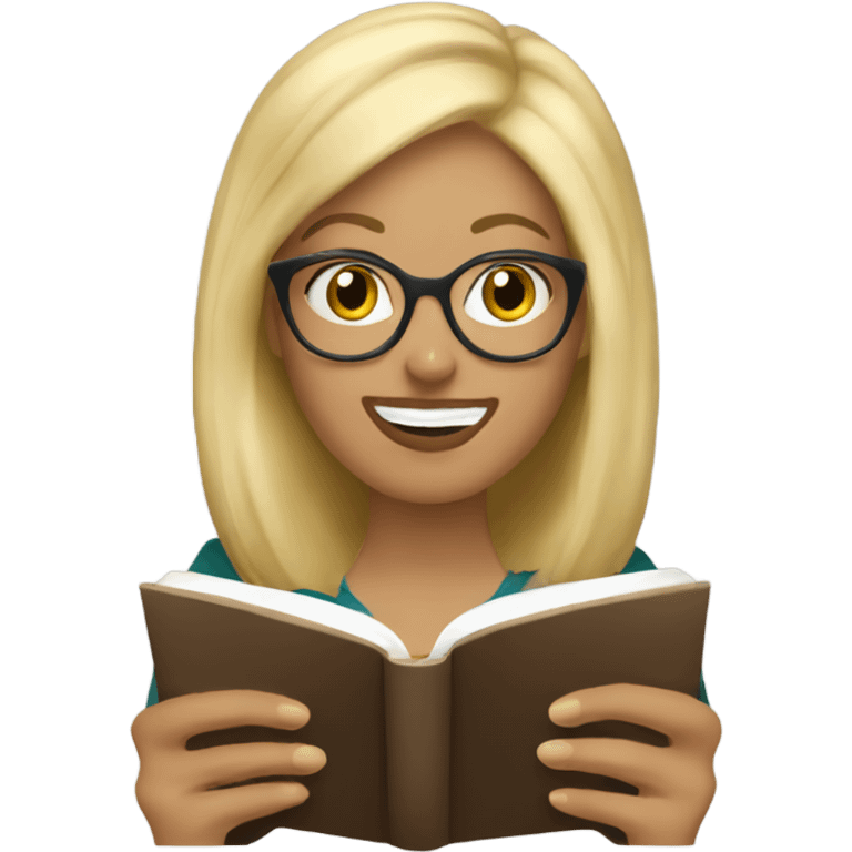 a blonde, 40 year old librarian, reading a book with an iced coffee emoji