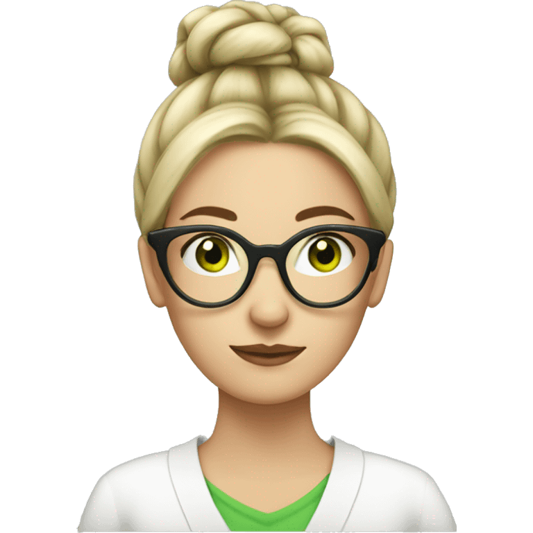 white skin woman hair bun glasses green eyts emoji