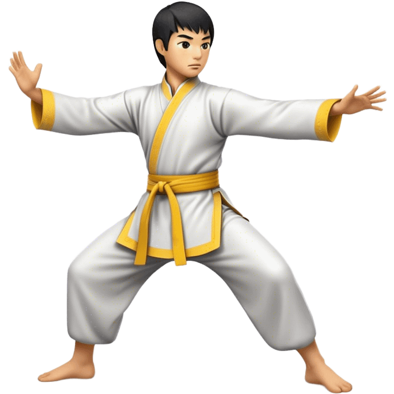 Cinematic Realistic Kung Fu Action Emoji, depicted as an epic martial arts scene with a master executing a precise move in traditional attire, rendered with fluid motion and vibrant textures under dramatic high-contrast lighting. emoji