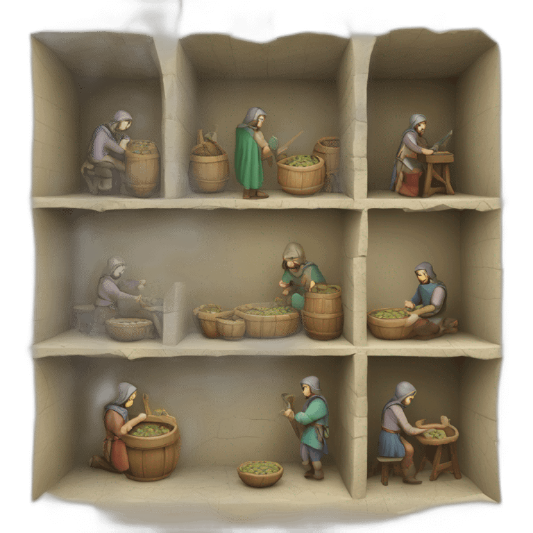 inside of a medieval mint showing different people working emoji