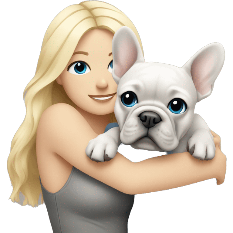 Blonde and blue eyes women hugging a light grey french Bulldog  emoji