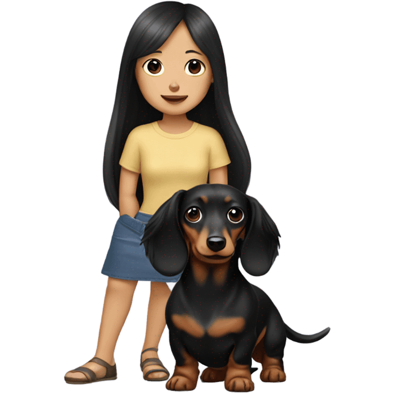 Long-haired dachshund with black-haired Asian girl emoji