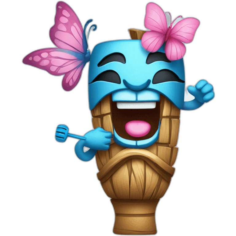 Cartoon Blue and pink tiki singing with butterfly and in the mikrophone emoji