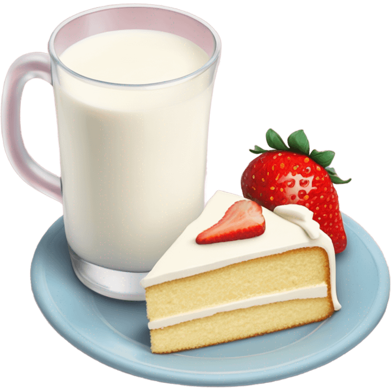 Milk at glass and vanilla cake strawberry at plate emoji