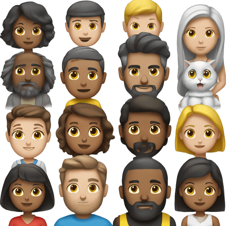 Family emoji: men with brow eyes hair and beard and women with blue eyes and brow hair and  a black and white cat with yellow eyes and is a car with red gray and white color and yellow eyes emoji