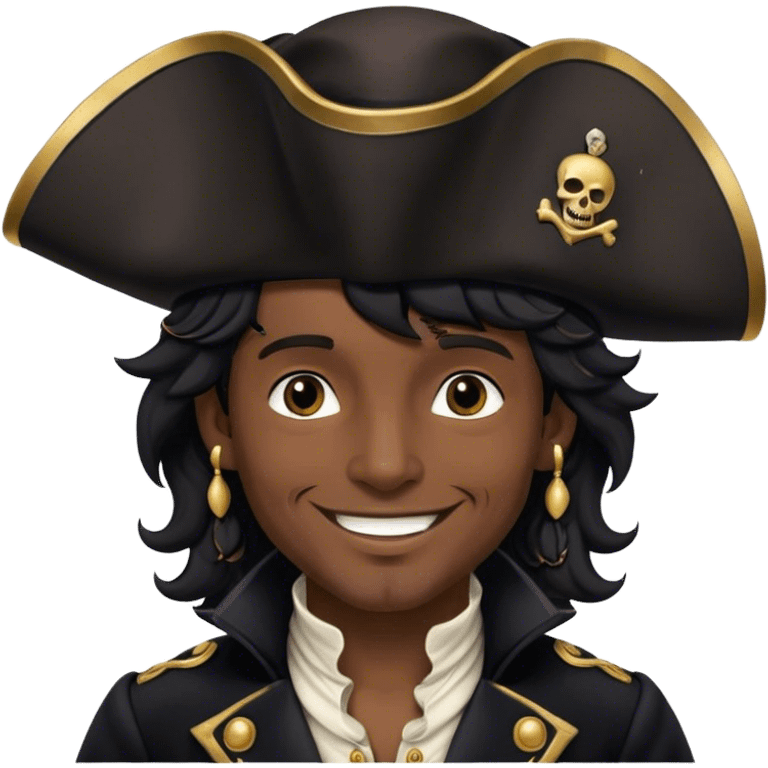 A charming man pirate with wavy black hair, wearing a decorated tricorn hat and a velvet coat, smiling confidently dressing color black emoji