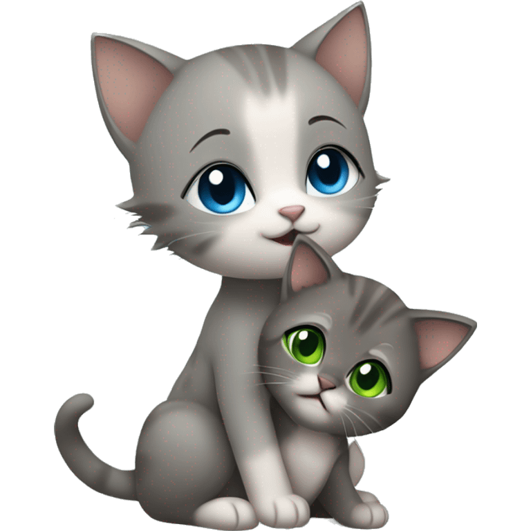 blue eyes grey kitten hugging brown short hair green eyes woman emoji