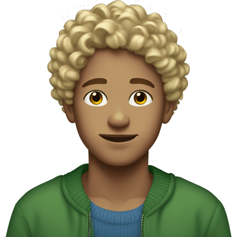 Teen boy short curly blonde hair blue tips green sweater  emoji