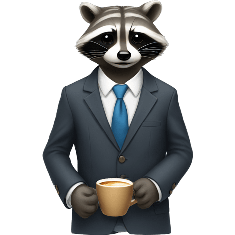 Raccoon in a suit, having cpffee emoji