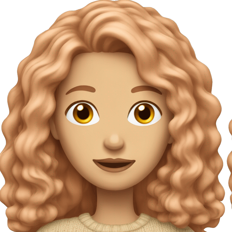 Caucasian Woman with long wavy copper hair wearing a beige sweater  emoji