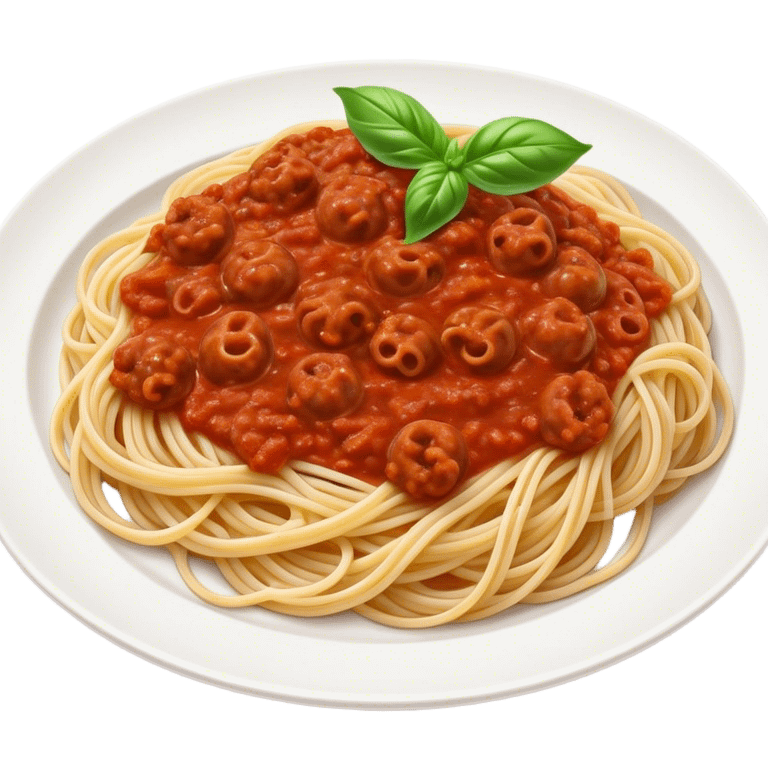 Spaghetti Bolognese on a plate, already mixed together, nice basil on top emoji