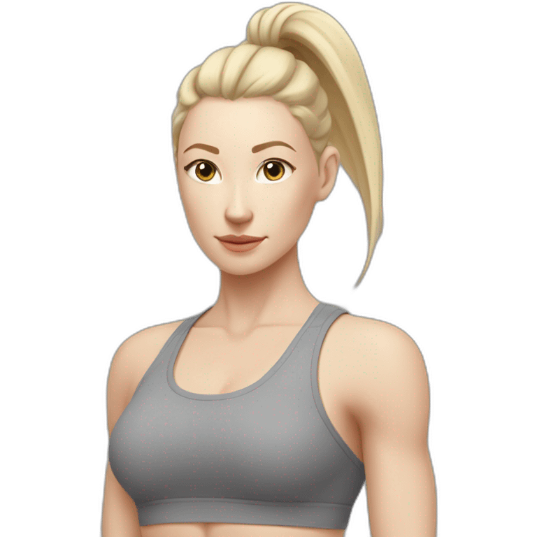 Pale skinned fit woman In a gray tight yoga suit With ash blonde hair in a ponytail doing yoga emoji