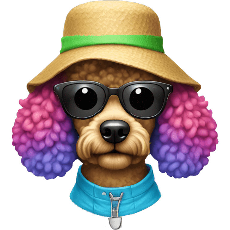 Rainbow poodle with a bucket hat on with black sunglasses emoji