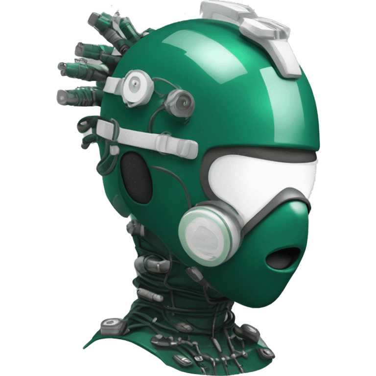 Dark green Mohawk female cyborg head with white respirator mask and circuits emoji