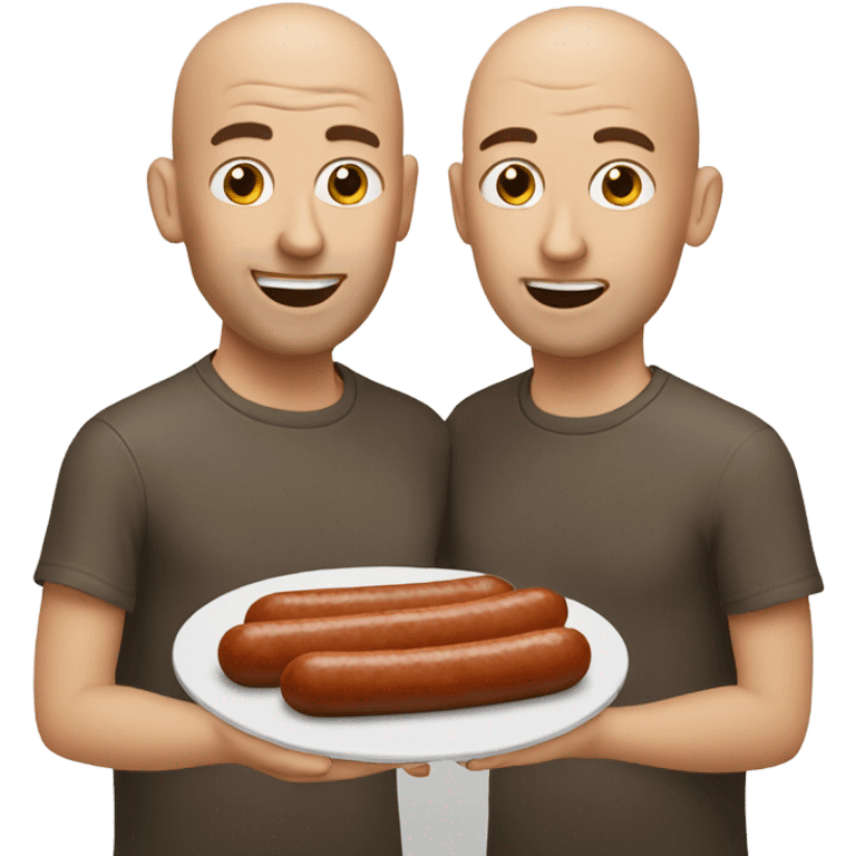 Two man eating one sausage one bald one brown hair emoji