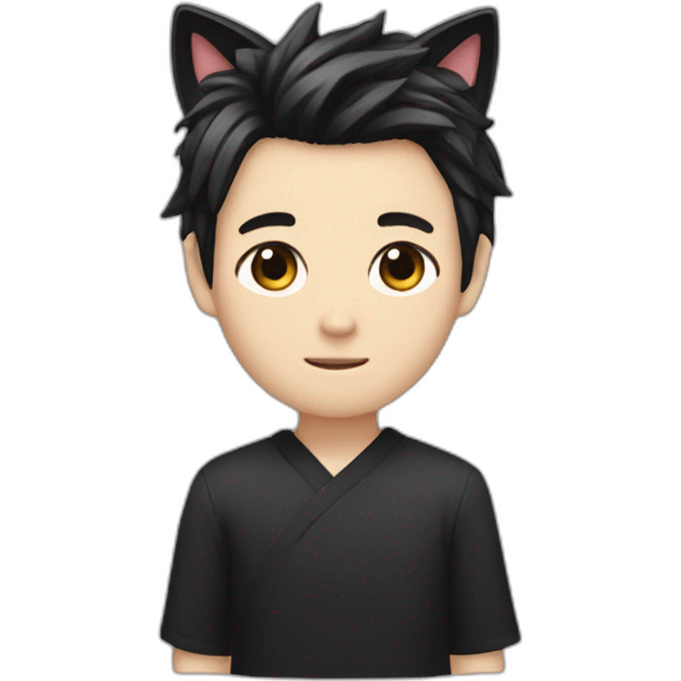 Japanese boy, with black cat ears and a cute hair style in black emoji