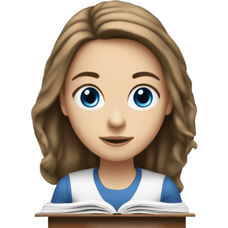 white girl studying at desk, brown hair, blue eyes, computer emoji