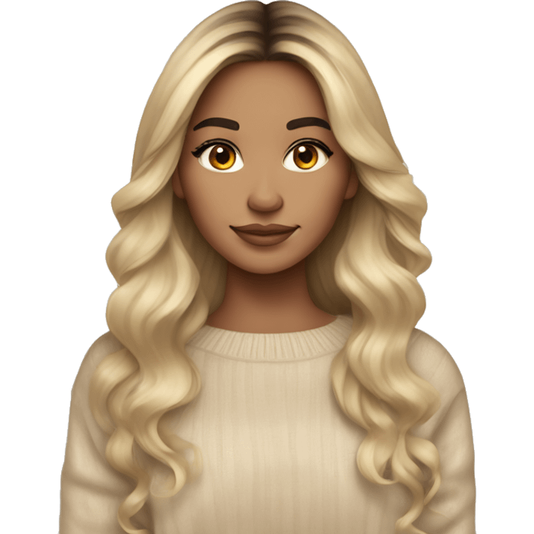 Mexican girl Blonde balayage long hair women beige sweater with iphone emoji