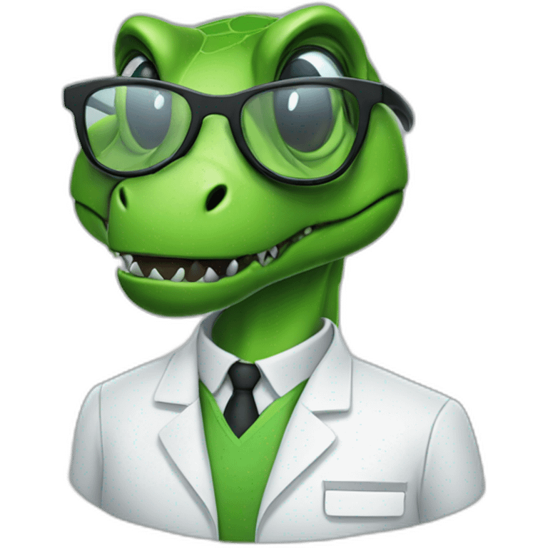 green female t-rex head in lab uniform and black glasses emoji