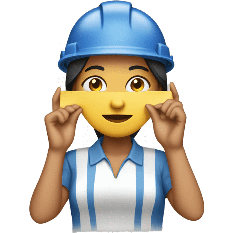 Hispanic construction woman holding a out blueprint covering half her face emoji