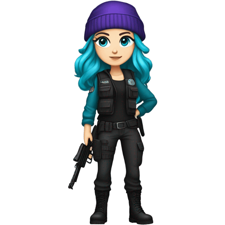 white girl, tactical vest, dark pants, teal hair, blue eyes, purple beanie hat, gun, black combat boots emoji