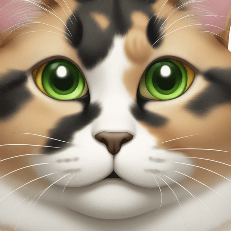 Huge fat calico cat with green eyes showing body and face  emoji