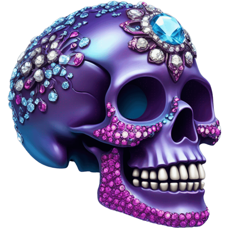 Realistic isolated metallic ornate dark purple,magenta,light blue,and hot pink filigree skull decorated with shiny diamonds and rhinestones.  emoji