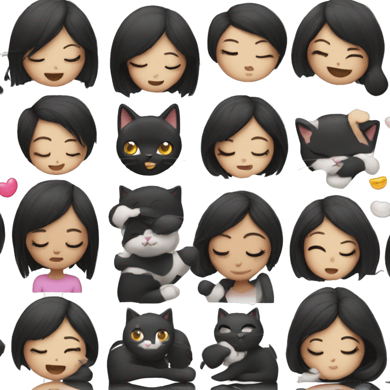 girl with straight black hair cuddling black and white cat with tongue out and closed eyes emoji