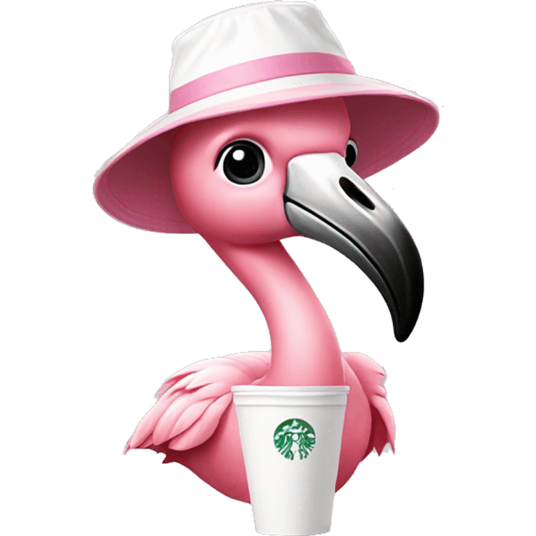 baby flamingo wearing a pink and white bucket hat drinking starbucks  emoji