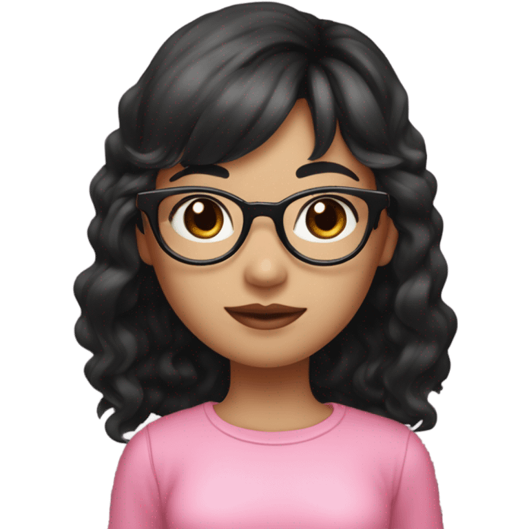 An Asian girl with light skin, black eyes, and medium-length wavy black hair with bangs. She’s wearing round metal glasses, has black eyebrows, pink lips, and a warm smile. She’s dressed in a pink crop top emoji