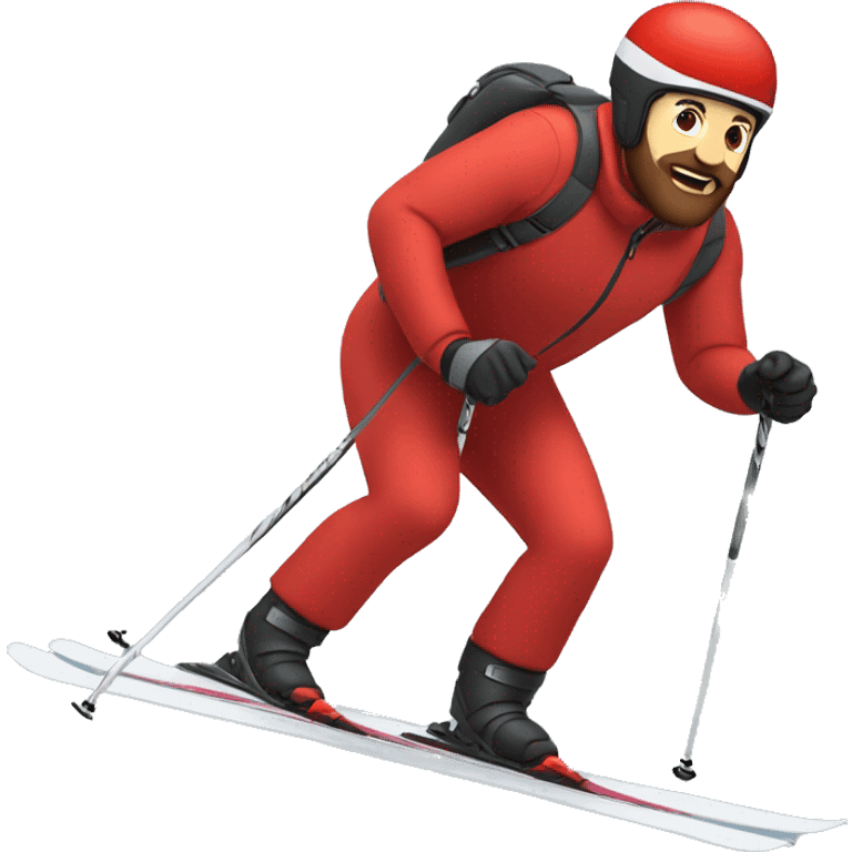 man in a red jacket and a brown short beard skiing. The man has a black helmet and red skis emoji