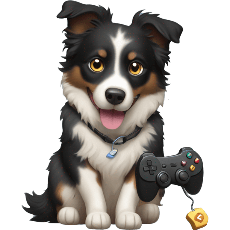 Small black australian shepherd dog with beige video game controller  emoji