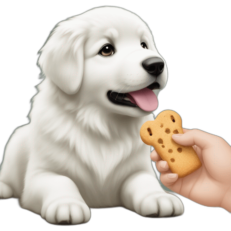 Great pyrenees puppy posing on the side looking at a hand with a treat emoji