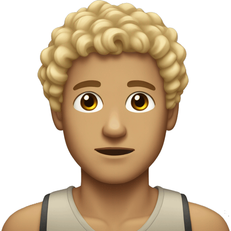 black eyes, very very curly blonde short hair guy, serious face, tan skin emoji