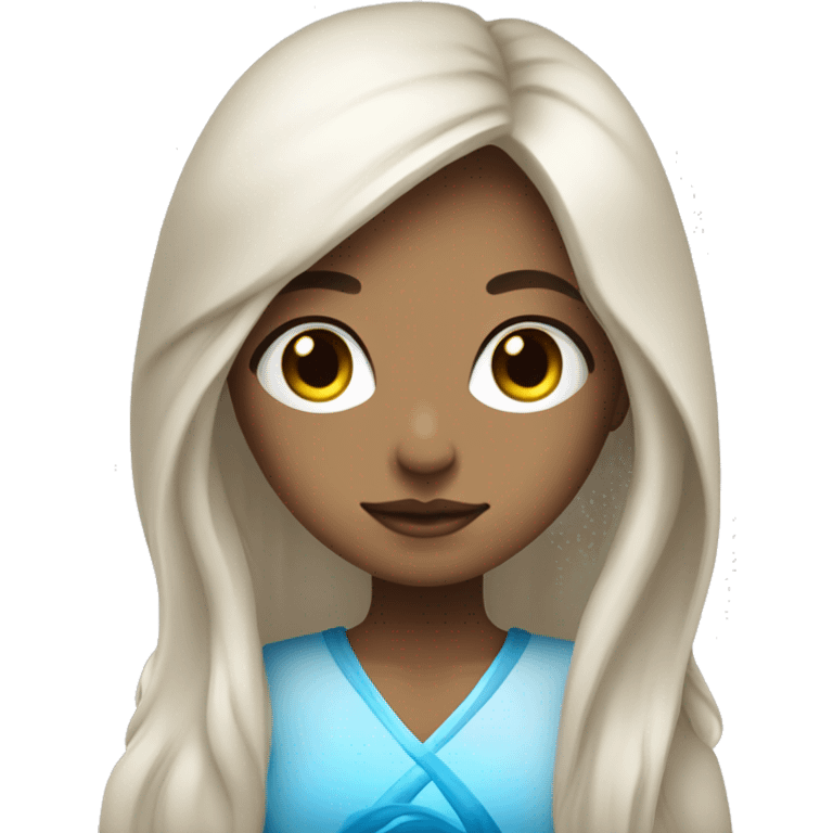 a spiritual girl with blue energy around her, peaceful and soothing, wit long hairs and white skin tone emoji