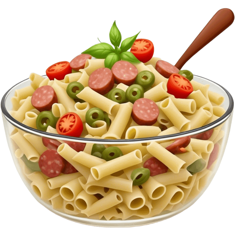 curly Pasta salad with chopped sausage, chopped gherkins, chopped cocktail tomatoes and mayonnaise  emoji