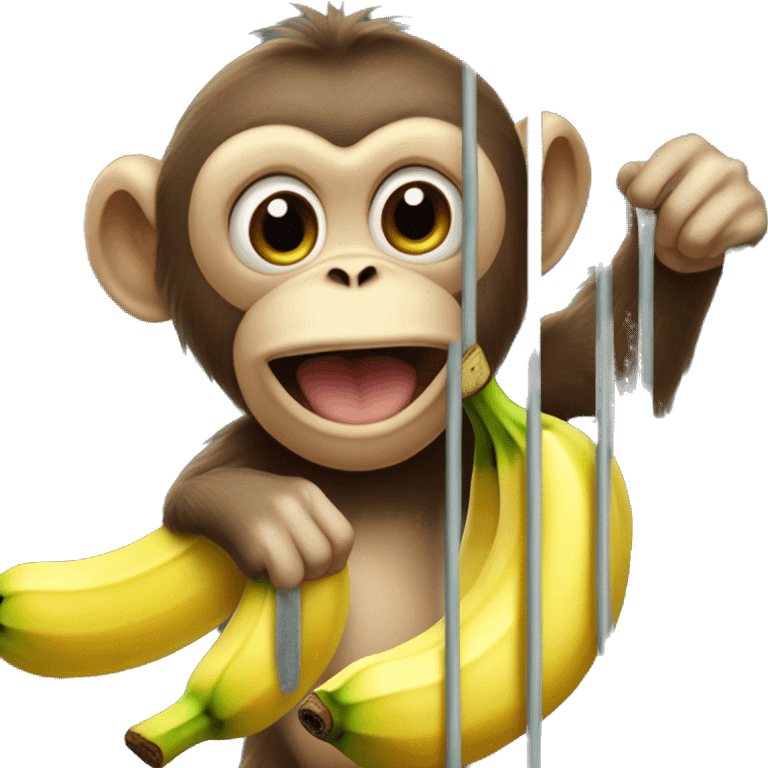 The monkey's outside. Banana inside the cage.  Monkey trying to get the banana out of the cage emoji