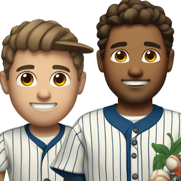 Man with brown hair in a Hawaiian shirt negotiates with a Latino baseball player wearing pinstripes  emoji