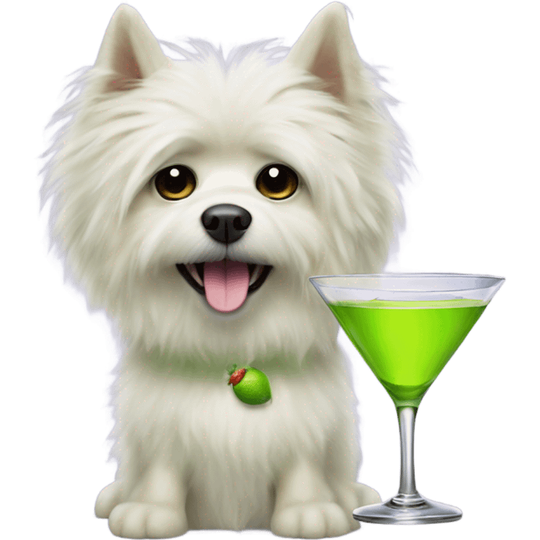 lime green fluffy dog with pointy ears with a martini emoji