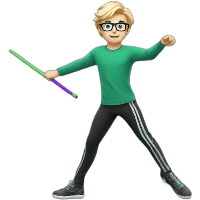 white boy with green eyes glasses blond hair wearing tight purple pants and top twirling a white baton with several black stripes emoji