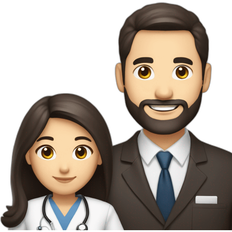 husband american age 55 dark brown hair trimmed beard wearing business suit pastor holding bible, wife asian age 55 black shoulder length hair wearing nurse uniform, no children emoji