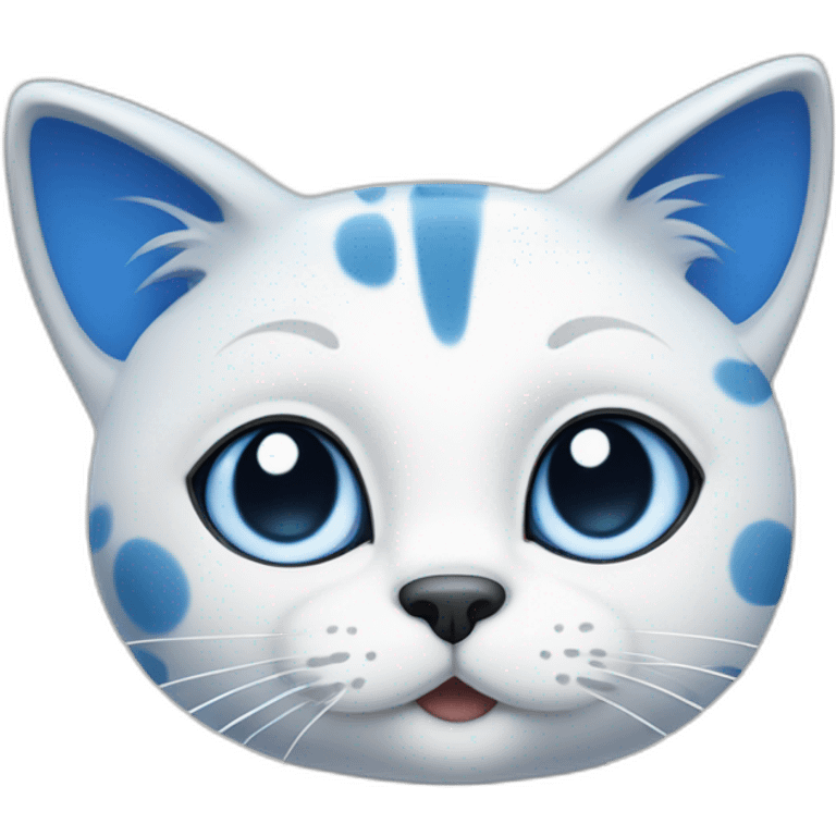 spotted blue and white cartoon cat with a blue right ear, and a spot around the right eye, and the left side is white emoji