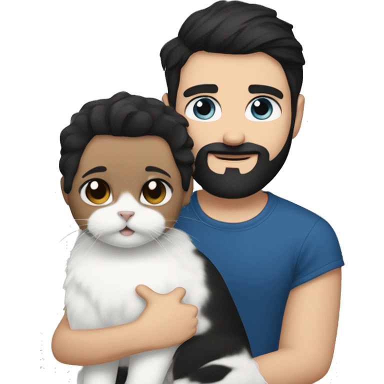 A guy with a black earing and black short hair and black beard and holding a all white Siberian cat with blue eyes  emoji