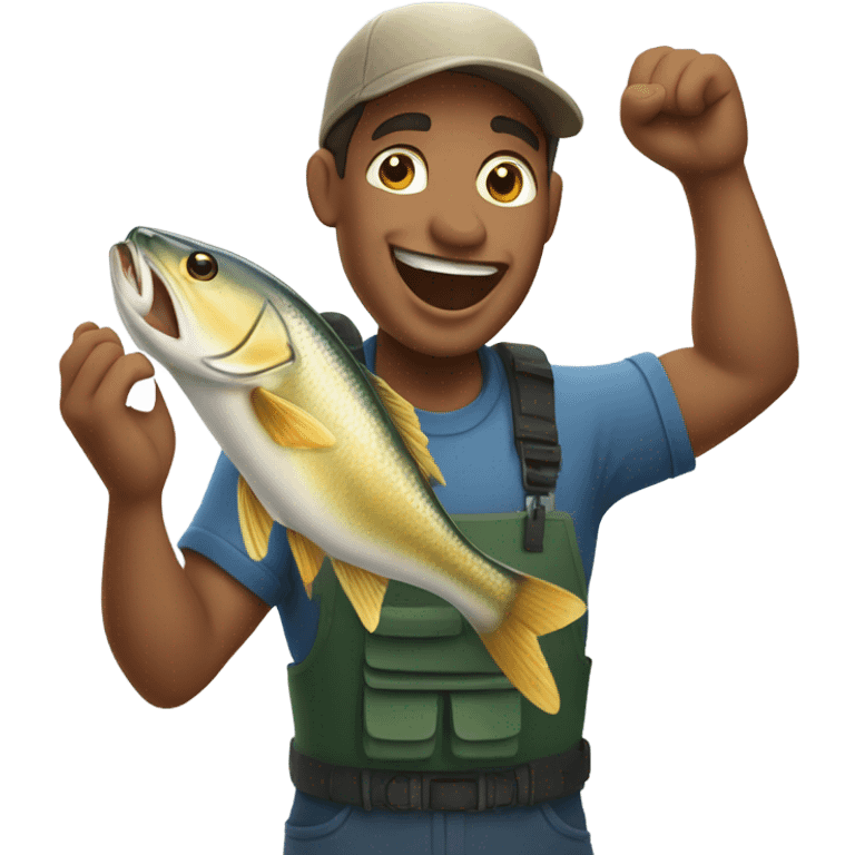 Mixed-race Fisherman holding big fish saying awesome emoji