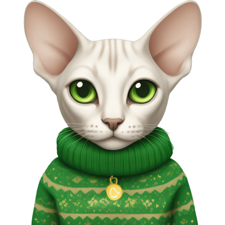 sphinx light cat with green eyes and in a New Year's sweater emoji