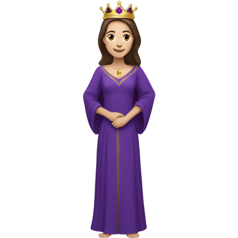 Caucasian long brunette woman wearing formal royal purple robes and a crown whose face shows love and adoration to the man she adores  emoji